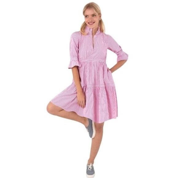 Gretchen Scott Teardrop Pink Stripe Poly Dress Women's Size Medium Ruffle Tiered - Picture 2 of 8